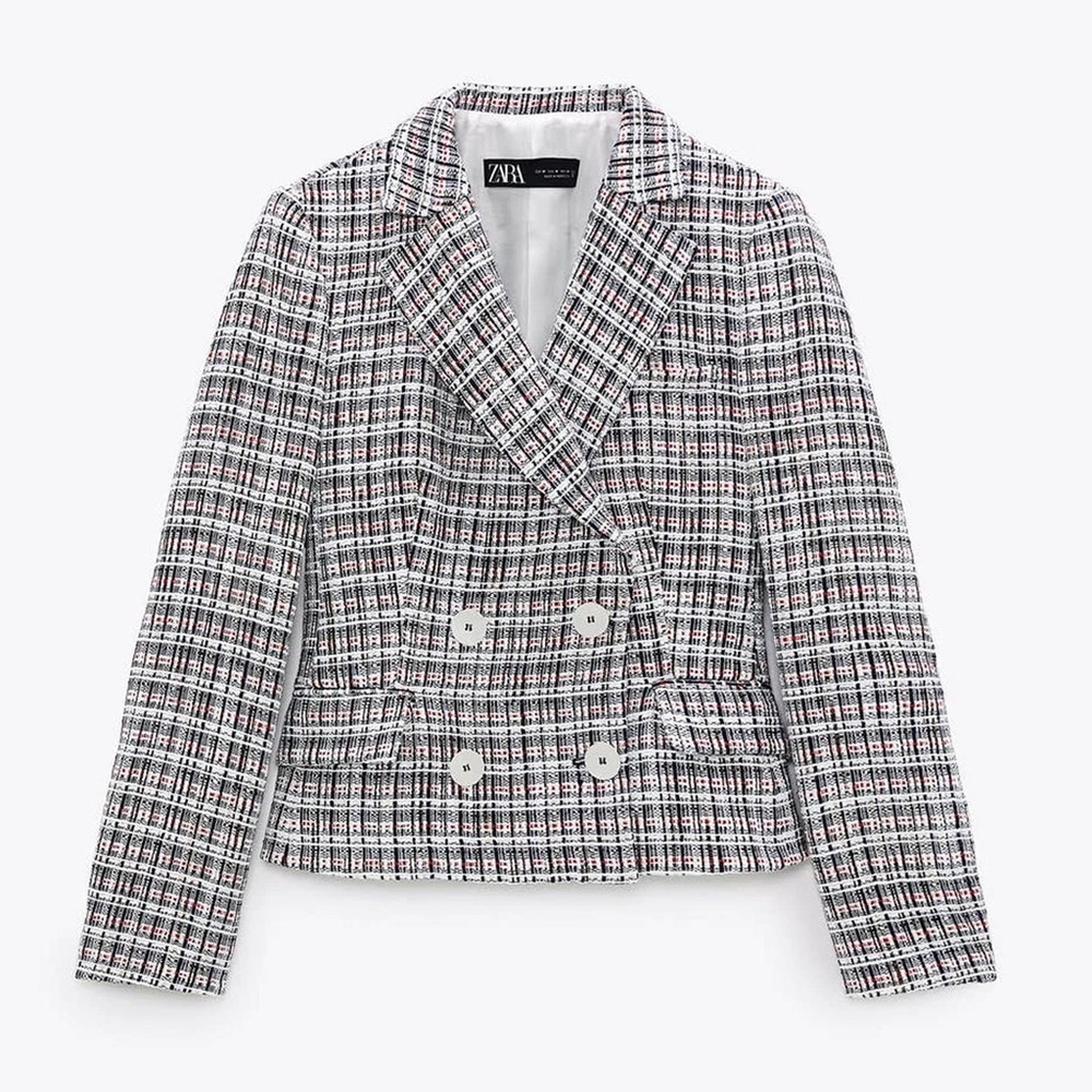 Zara - Textured Double Breasted Tweed Blazer - Blue/White/Red - Picture 3 of 16